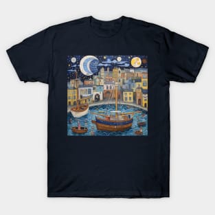 Night at Falmouth Harbour, Cornwall Folk Art T-Shirt
